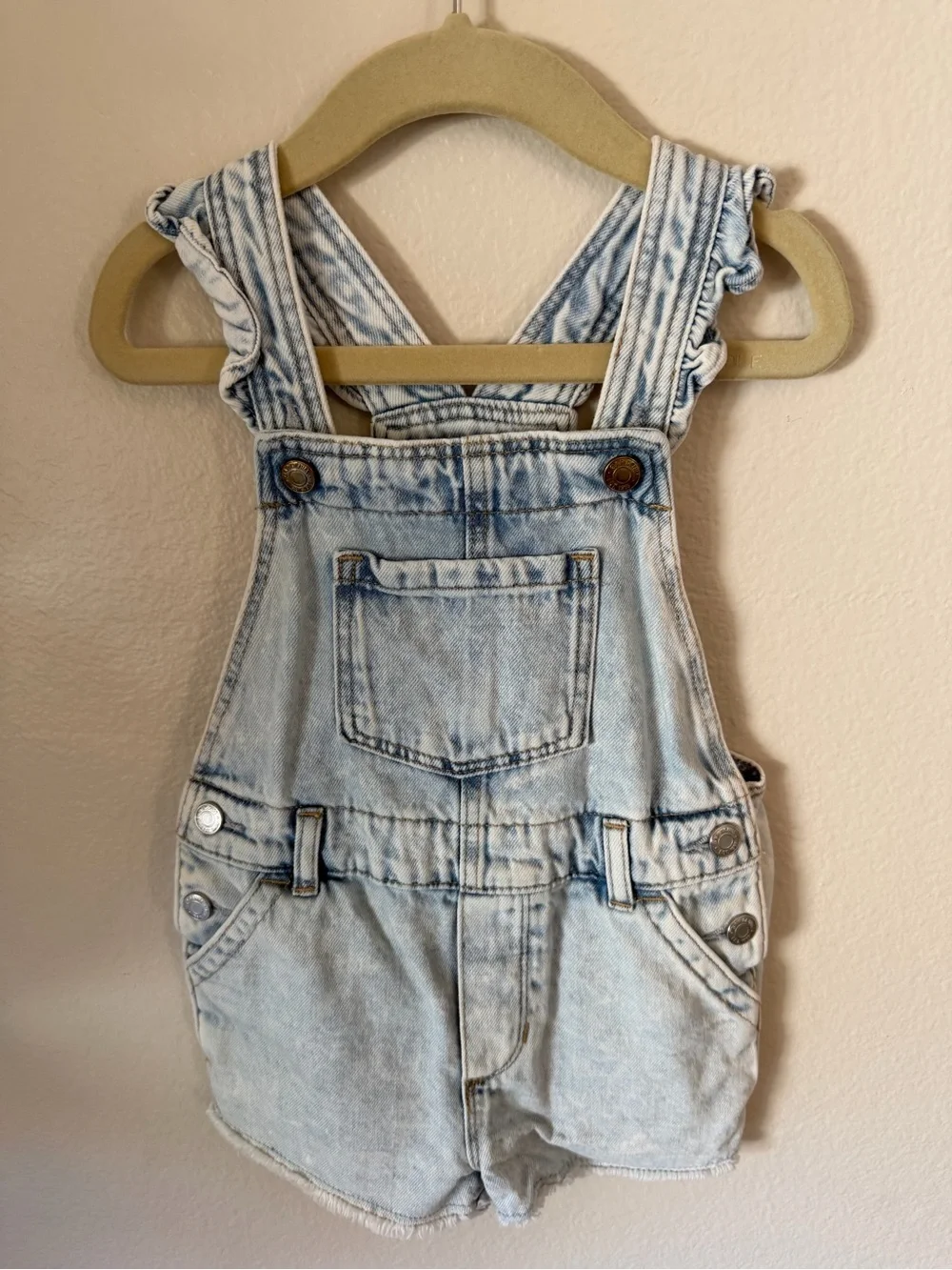 GAP Light Blue Denim Short Overalls with Ruffle Straps